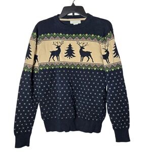 Aspen Mens Reindeer Fair Isle Knit Crewneck Sweater Medium Holiday Christmas